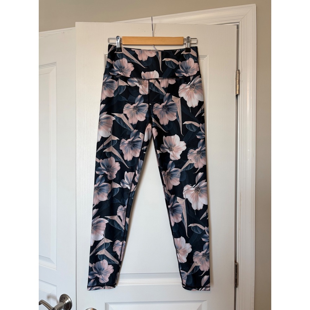 Kyodan Floral Print High Waisted Leggings Navy Pink Blue Activewear Womens Mediu